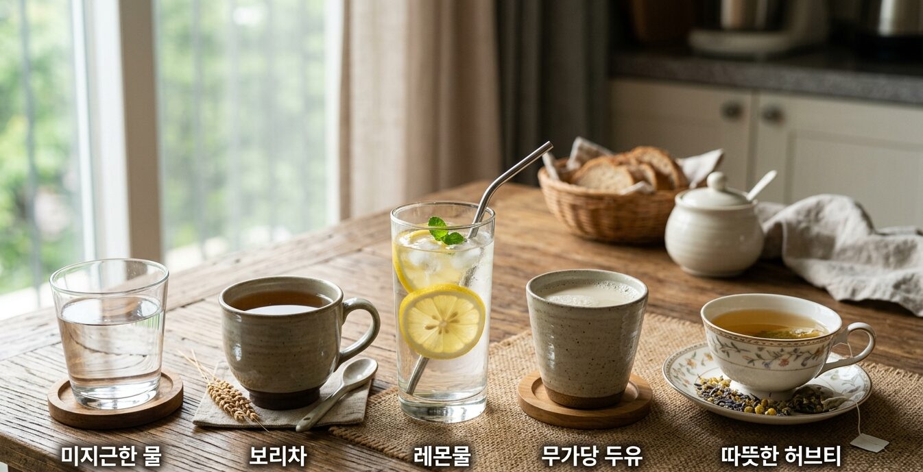아침에 마시면 좋은 음료 물 보리차 두유 허브티